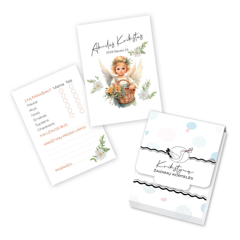 Personalizuotos Krikšto žaidimų kortelės - Angeliukas su pintinėle
